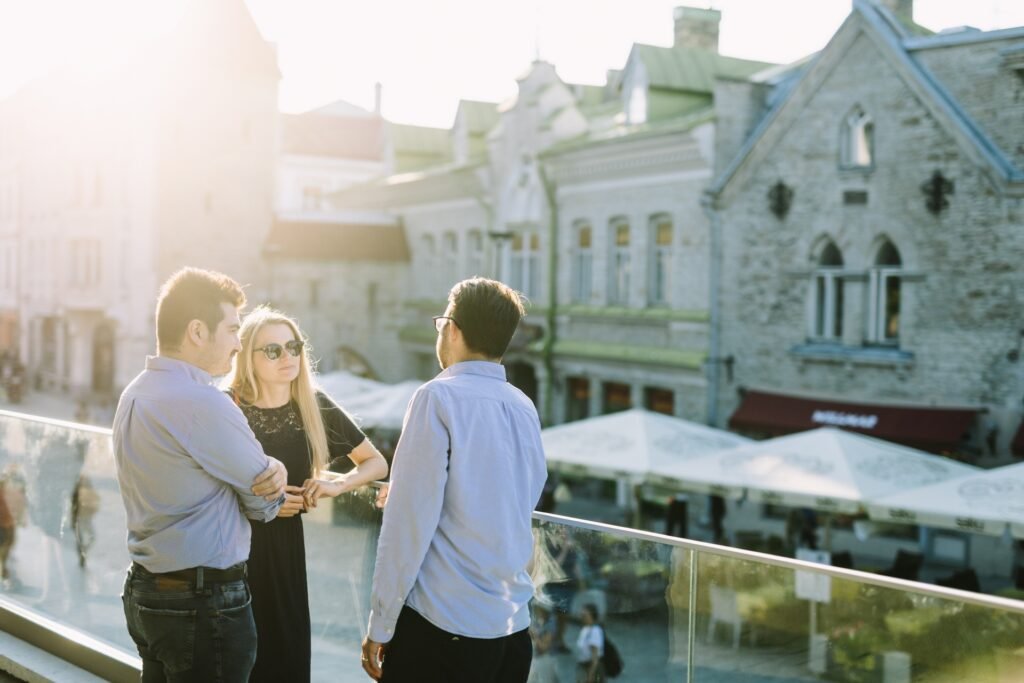 people talking on the street of Tallinn Estonia. Education Estonia learning communities illustration