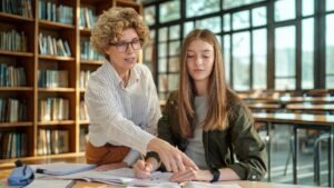 Teacher and student at school